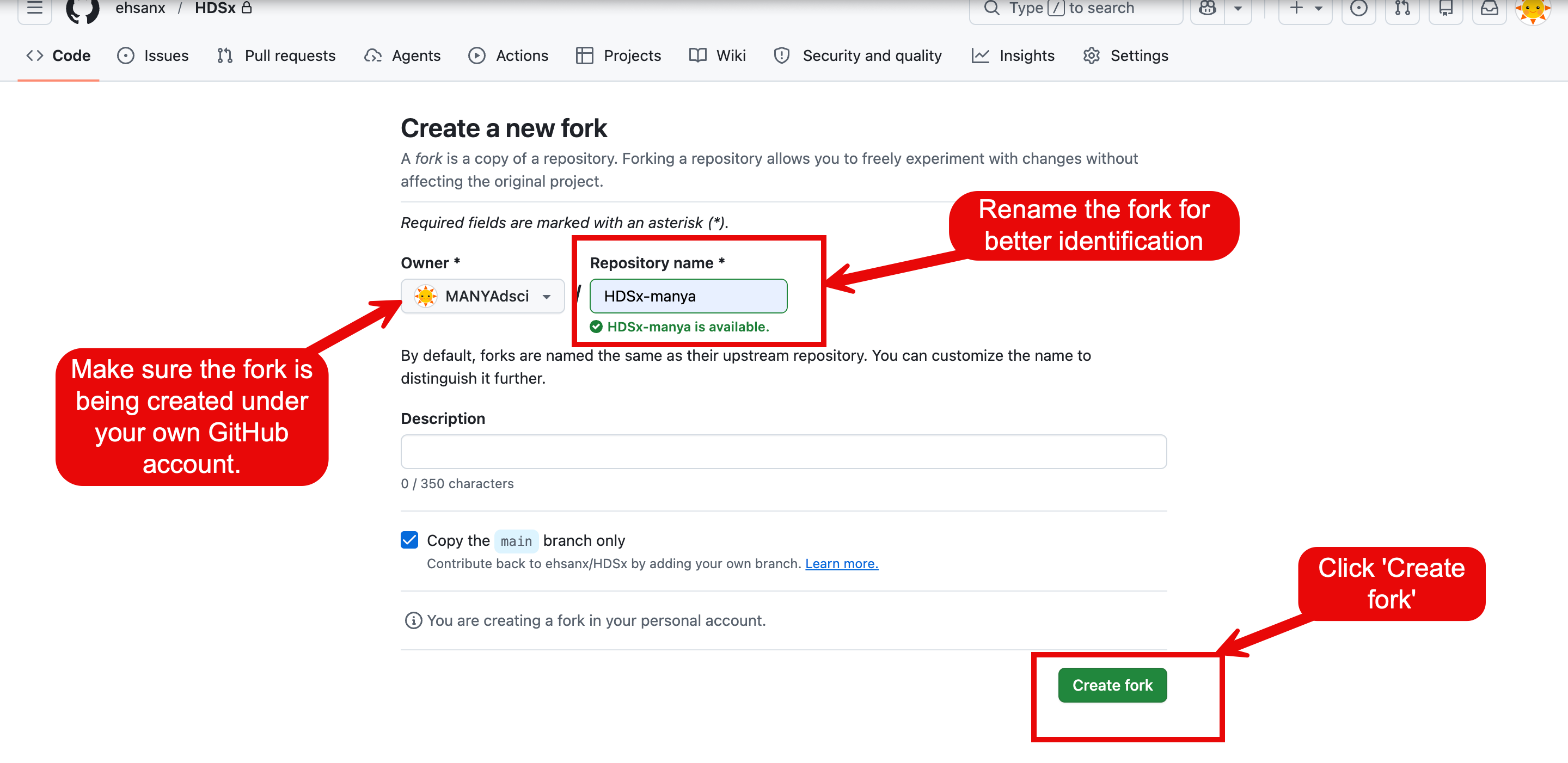 GitHub Create a new fork page with the Owner dropdown set to the student's own account