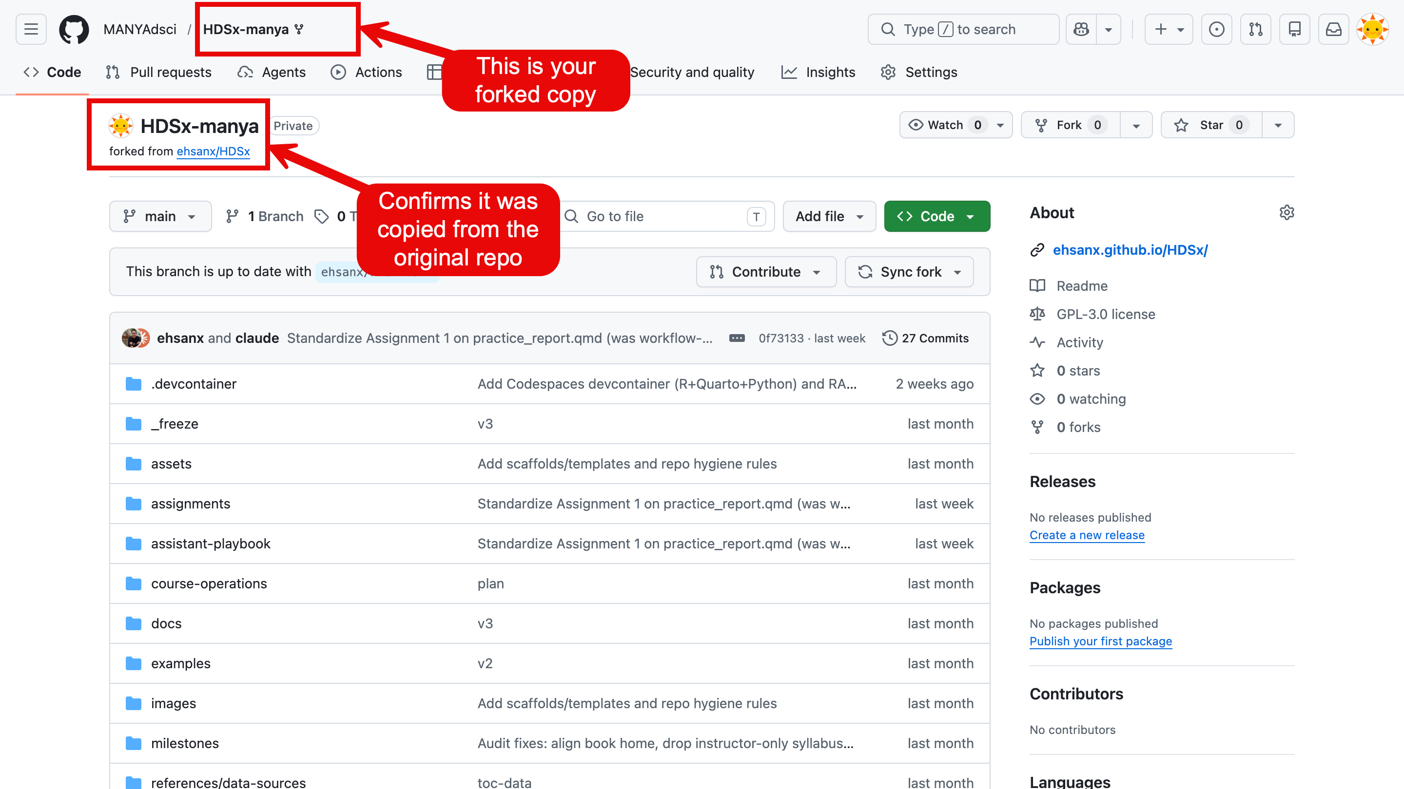 GitHub repository page showing forked from ehsanx/HDSx-workspace beneath the student's username