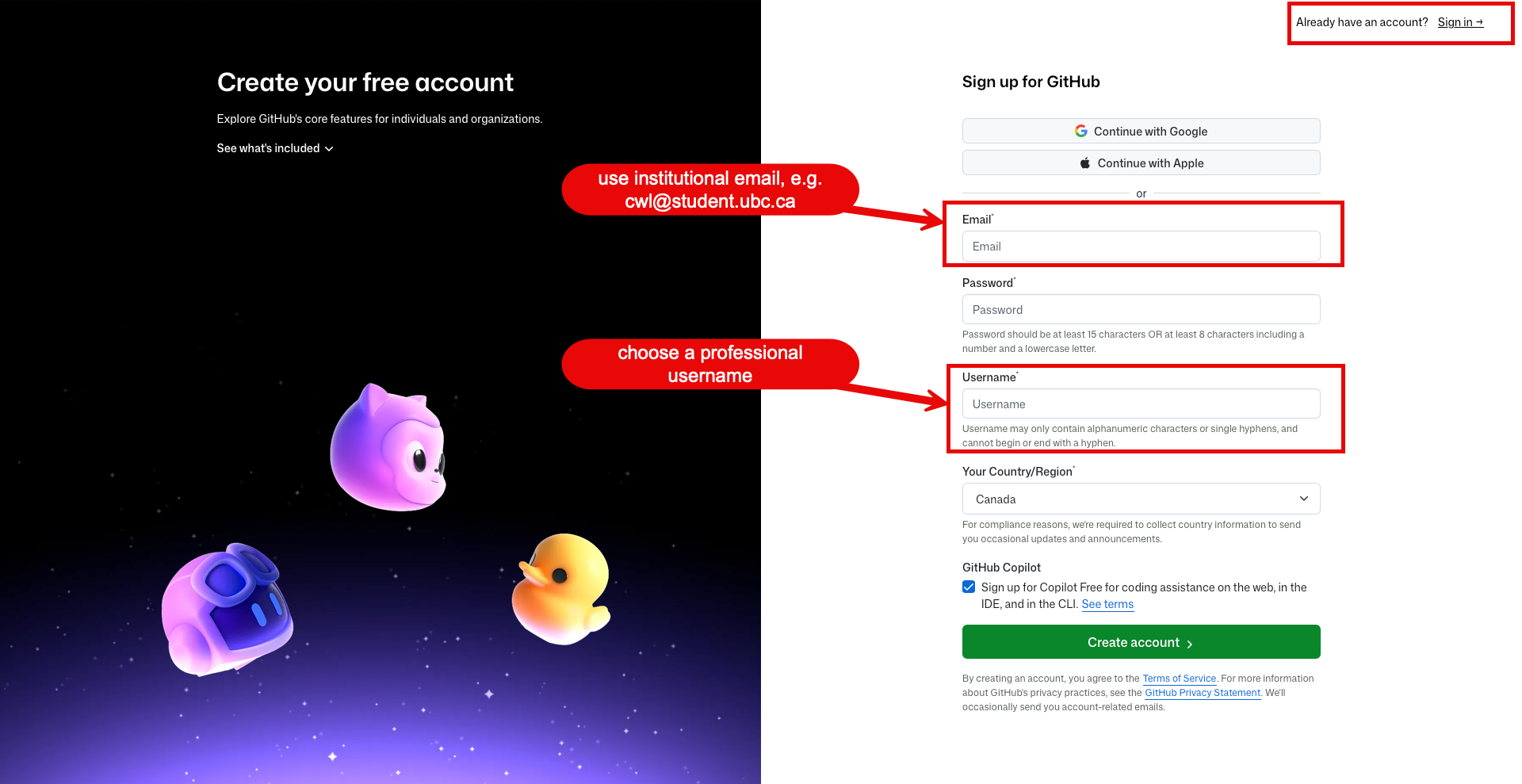 GitHub sign-up form showing the email, password, and username fields, with a professional username example entered