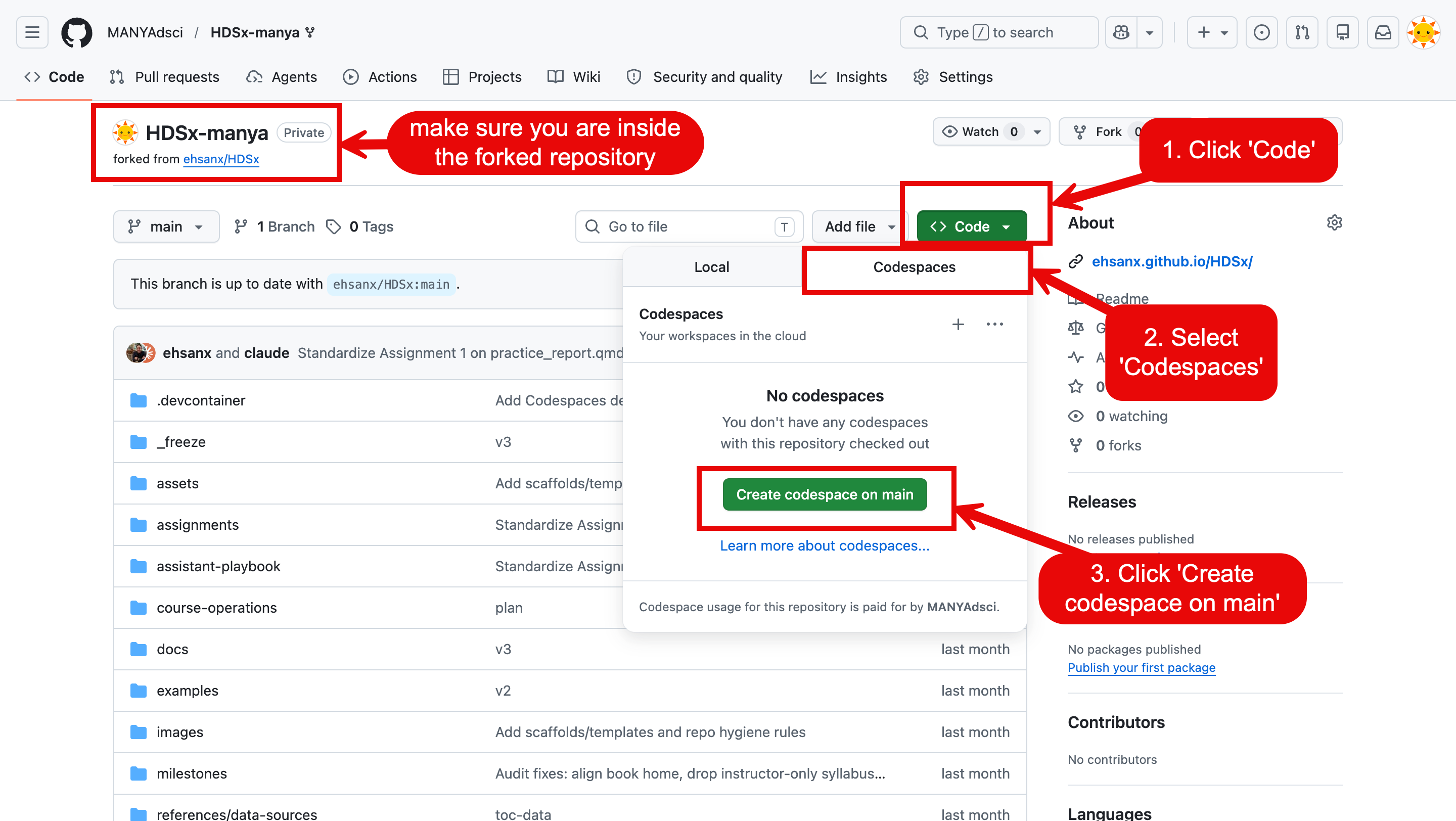 GitHub Code menu open on a personal fork, showing the Codespaces tab and the Create codespace button