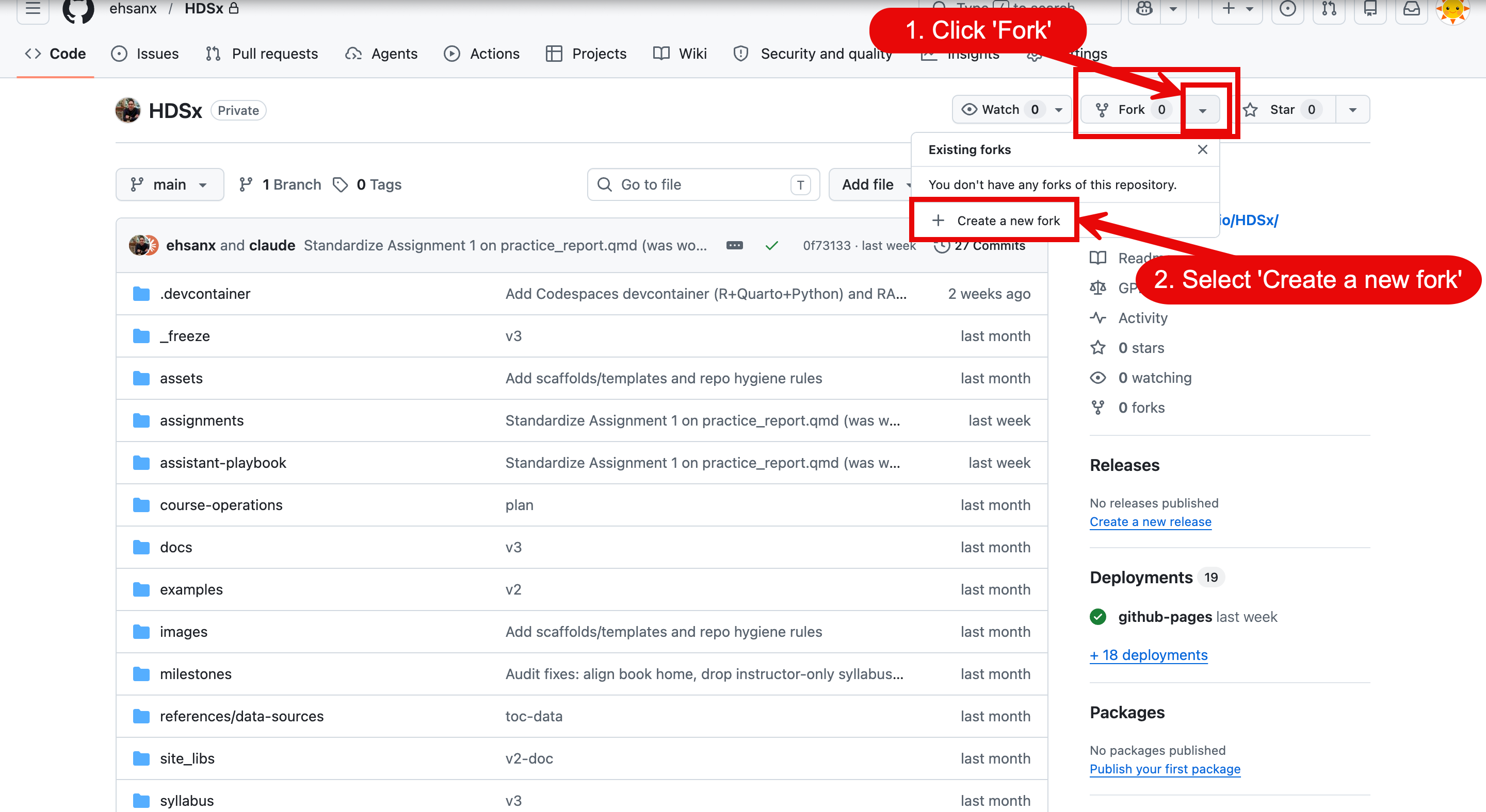 GitHub repository page with the Fork button highlighted near the top-right corner