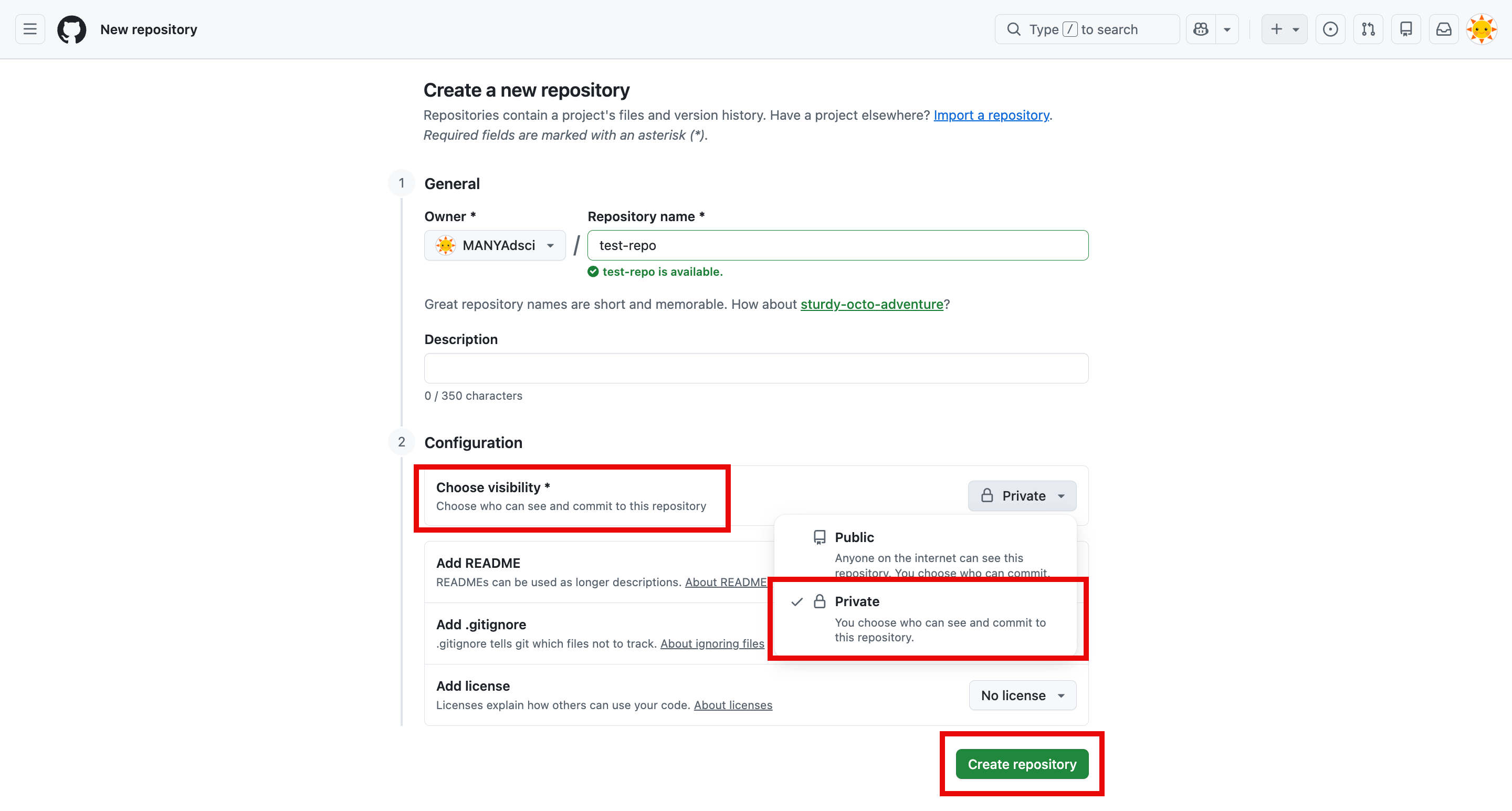 GitHub new repository form with the Private visibility option selected and the Public option visible below it